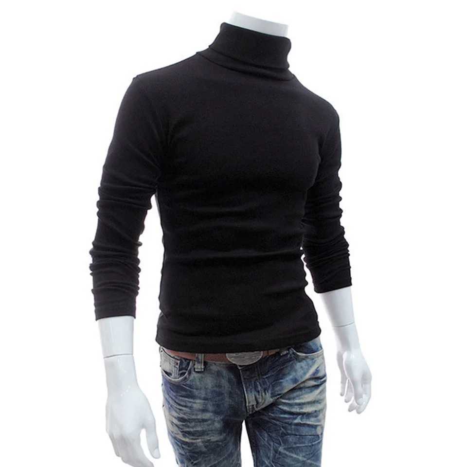 Mens ultra-thin navy blue collar long sleeved shirt with warm and elastic knit sweater tight fitting and slim fit high neck casual mens clothing W2411