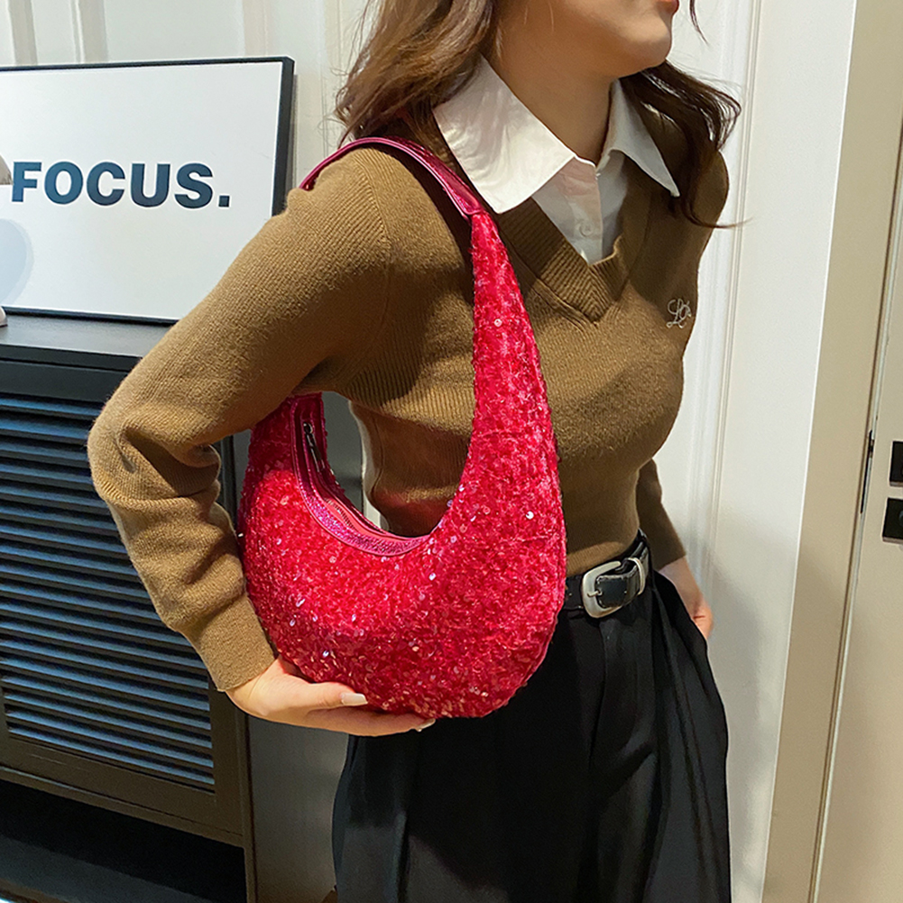 Women Vintage Shoulder Bag 2023 Sparkly Sequin Dinner Bag Ladies Lightweight Party Evening Bag Zipper Closure Solid Underarm Bag