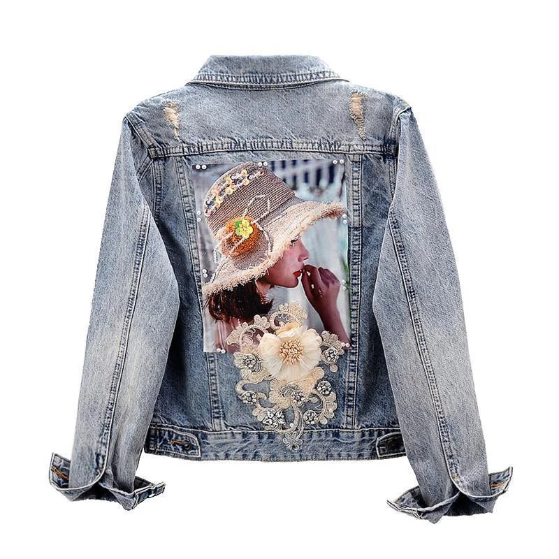 Spring and Autumn Womens Denim Jacket Long Sleeve Coat Loose 3D Button Pearl Coat Open Skirt Jeans Jacket 241112