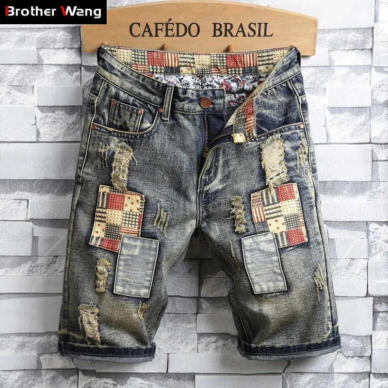 Mens Retro Style Ripped Denim Shorts Summer Fashion Casual Hole Patch Jean Shorts Male Clothes 241112