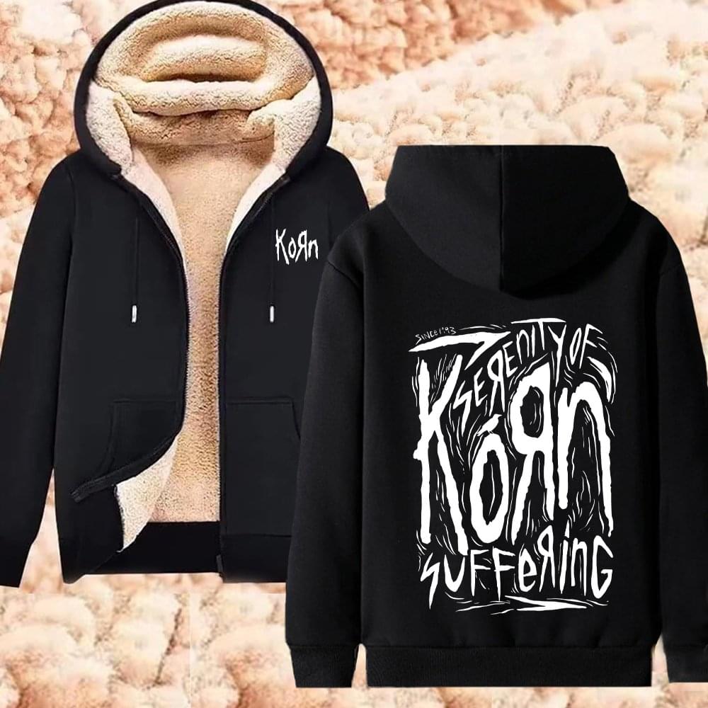 Korn Print Lambswool Hoodies Rock Band WORLD TOUR Zipper Sweatshirts Winter Warm Zip Up Jacket Unisex Thicken Casual Hoodie