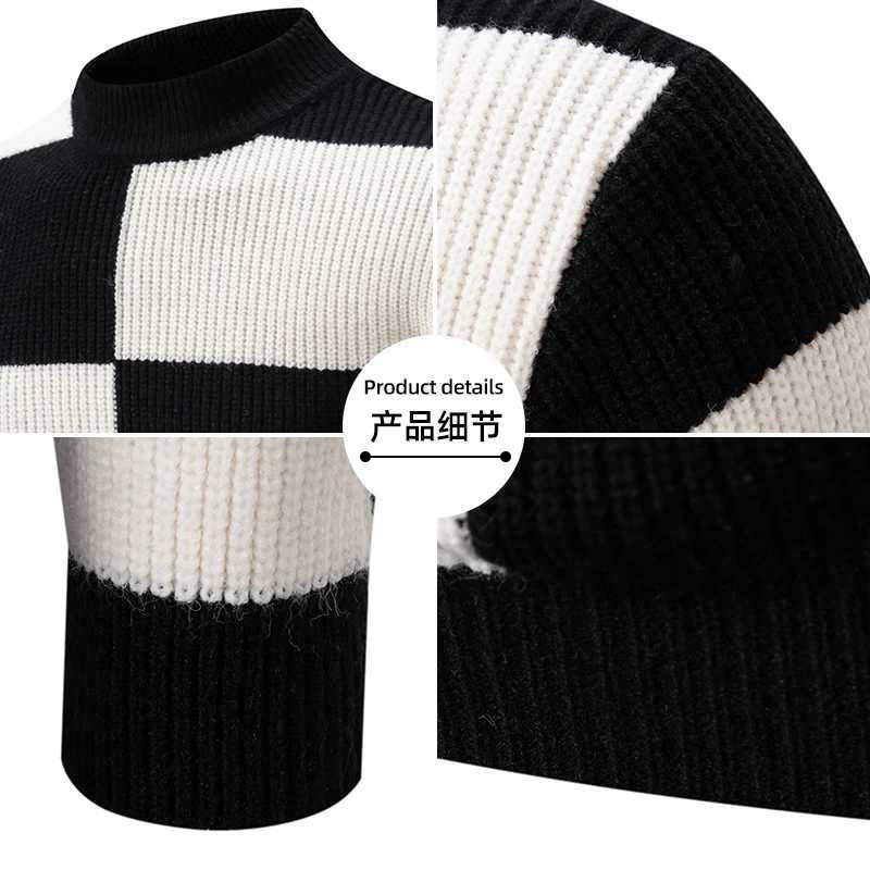 New mens black and white striped turtle neck sweater fashionable long sleeved knitted wool sweater W2411111