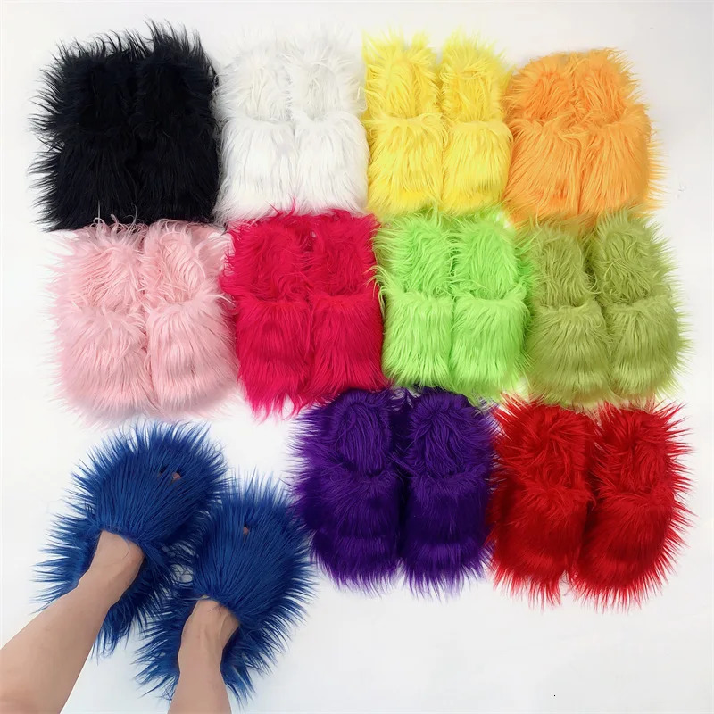 Faux Fur Slippers Women Winter Plush Warm Home Flat Slides Mongolian Wool Flip Flops Y2K Furry Shoes Cute Slippers 241111