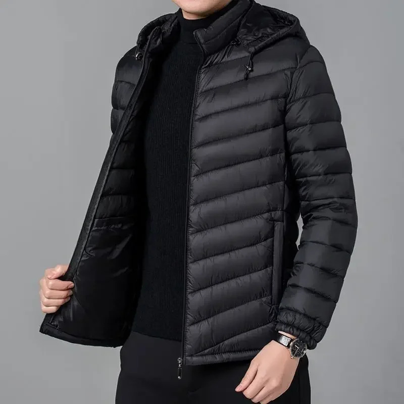 Mens Down Jacket Lightweight Puffer Zipper Hooded Male Padded Coats Parkas Padding Korea Korean Clothing Winter Outer 241112