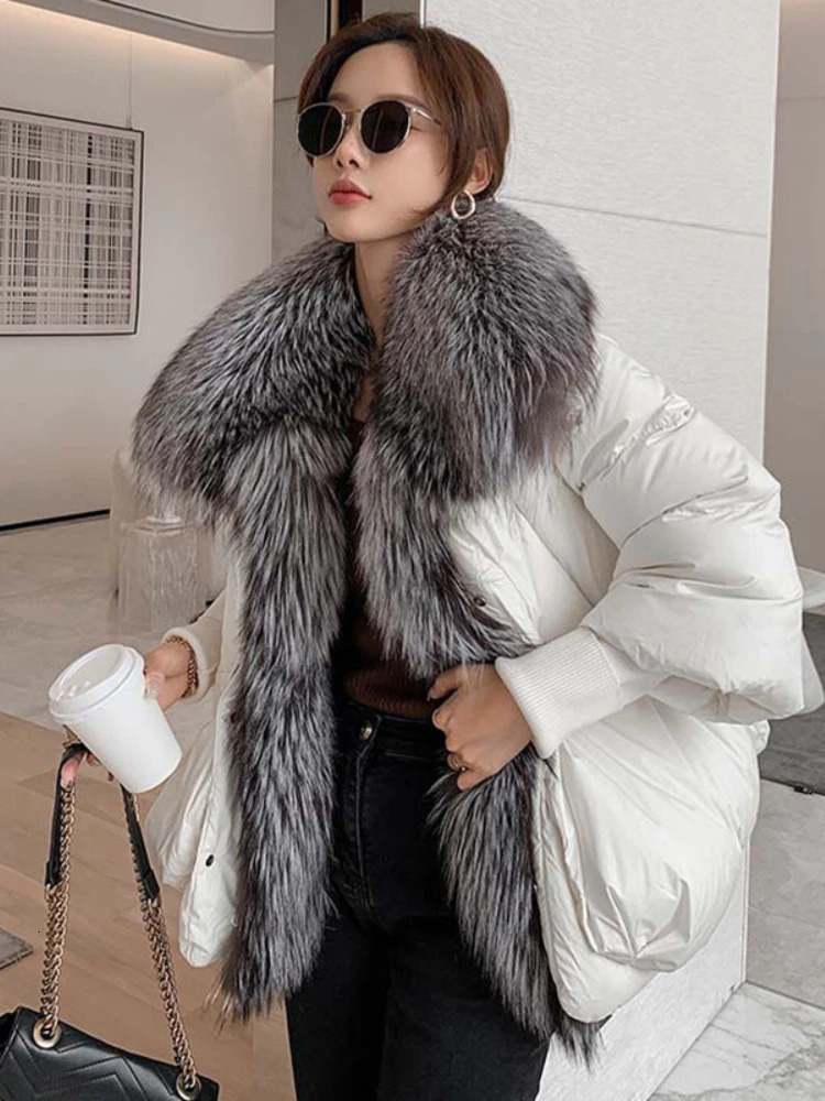 Oversized Winter Warm Real Fox Fur Collar Black Down Coat Women Puffer Outerwear Jackets 2024 Autumn Winter 241112