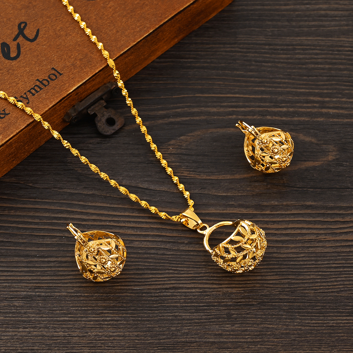 Gold Color Hollow-out Flower Cute Jewelry Women Charms Girls Pendant Necklace Earrings Set Wedding Bridal Party Gifts