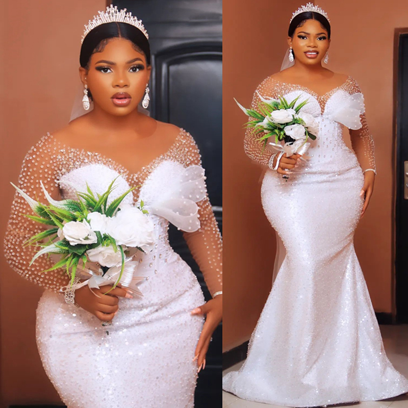 2024 African Dress Bridal Plus Size Mermaid Wedding Sheer Neck Long Sleeves Beaded Sequined Lace Gowns For Nigeria Black Women Marriage D400