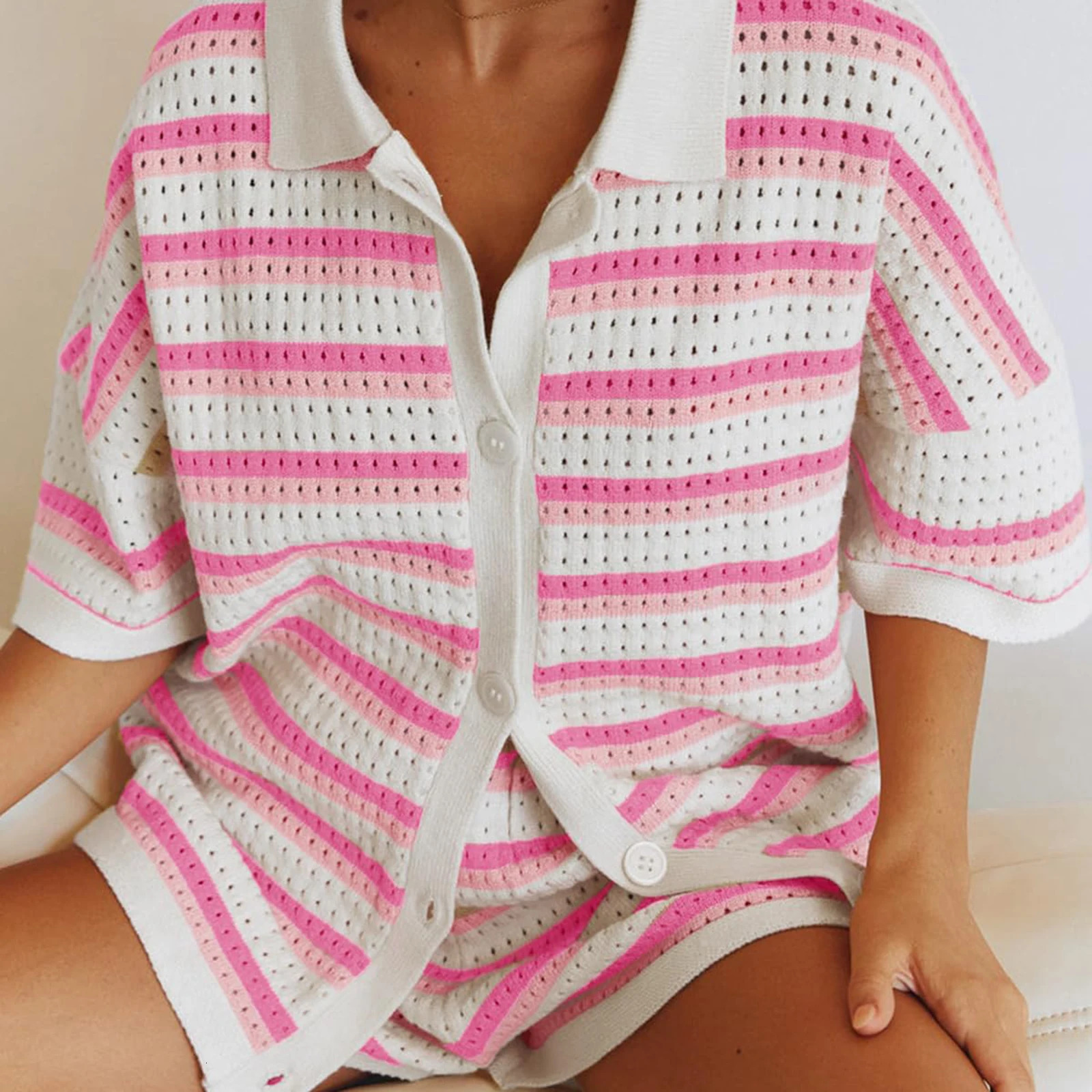 Womens Fashion Pajama Set 2-piece Casual Clothing Set Stripe Contrast Color Button Crochet Knitted Top Short Sleeve Casual Set 241112