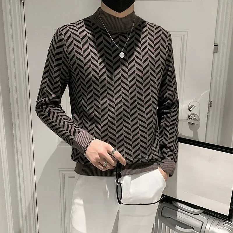 Mens Turtle Neck Black Knitted Sweater Mens High Neck Smooth Stripe Pulling Size Best Selling Product W2411111