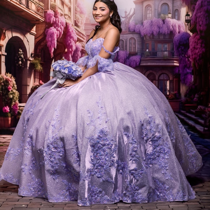 Lilac Shiny Princess Quinceanera Dresses Sequined Lace Applique Beads Ball Skirt Sweet 16 Birthay Party Prom Gown Vestido De 15 Anos