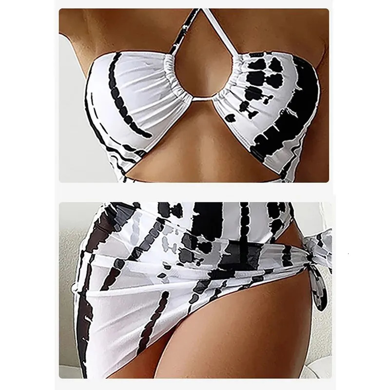 2024 Digital Printed Womens Sexy Neck Hanging Triangle Mesh Three Piece Set with Hollow Out Swimsuit 240411