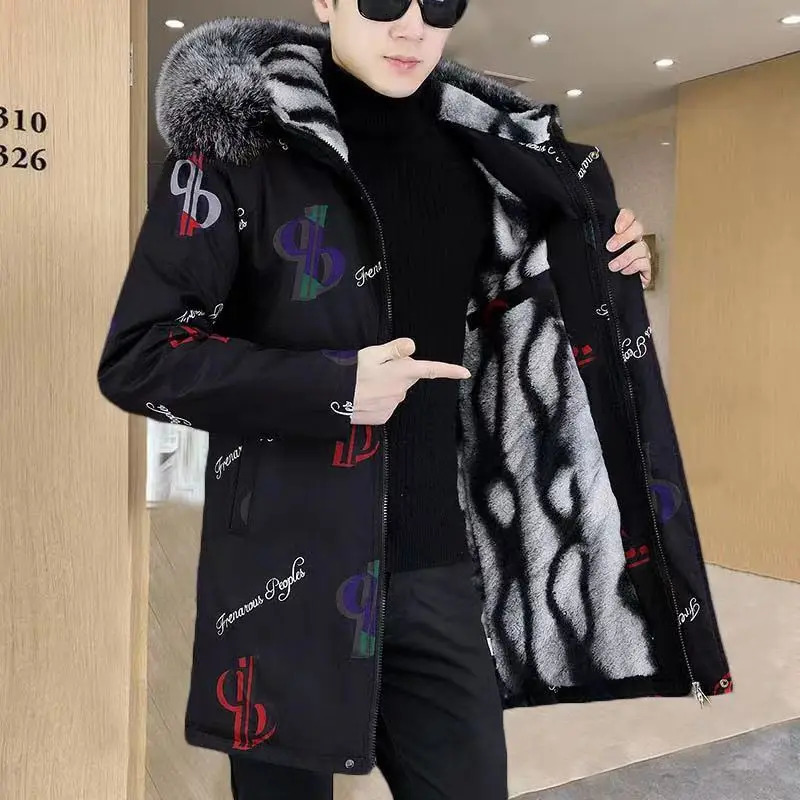 CottonPadded Coat Winter Jacket Mens Parkas ashionable MidLength Thickened Letter Print Fur collar 241108