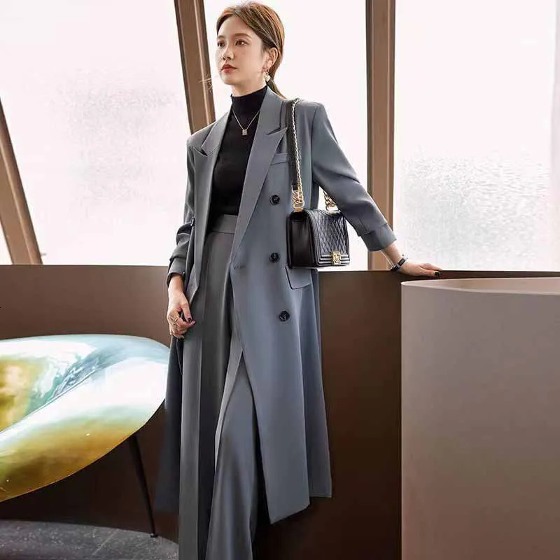 Lucyever Korean Style Chic Office Lady Long Blazers Elegant Double Breasted Blazer Jacket Women Fashion Streetwear Trench Coat 241112