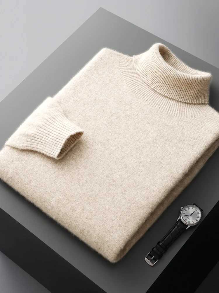 Autumn Mens Turtle Neck Solid Color Long Sleeve Warm Pulling 00% Merino Wool Knitted Sweater High end Commercial Thick Top W2411111