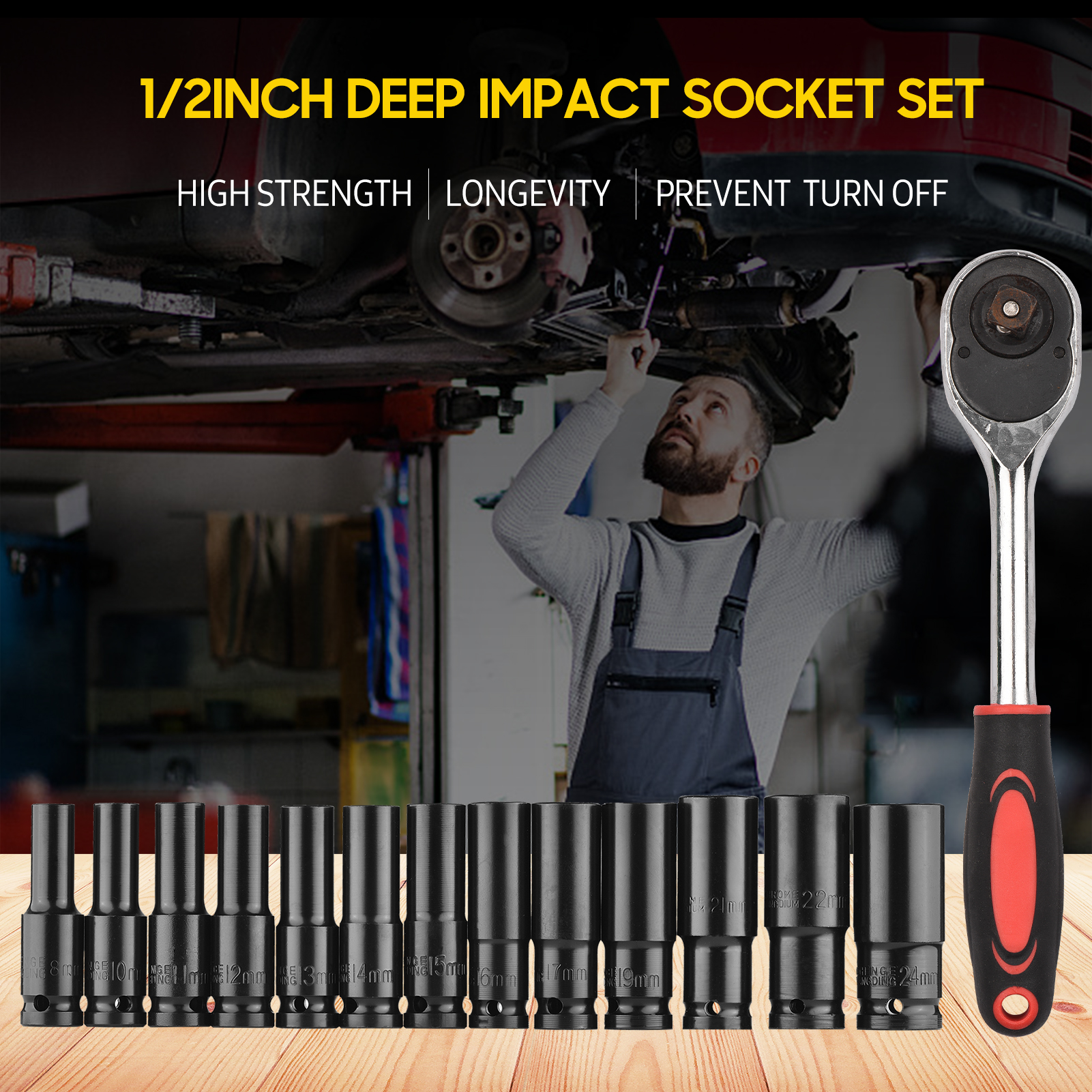 10pcs 1/2" Drive Deep Impact Socket Set Drive Metric Wrench Socket Deep Impact Socket Pneumatic Wrench Head Tire Removal Tools