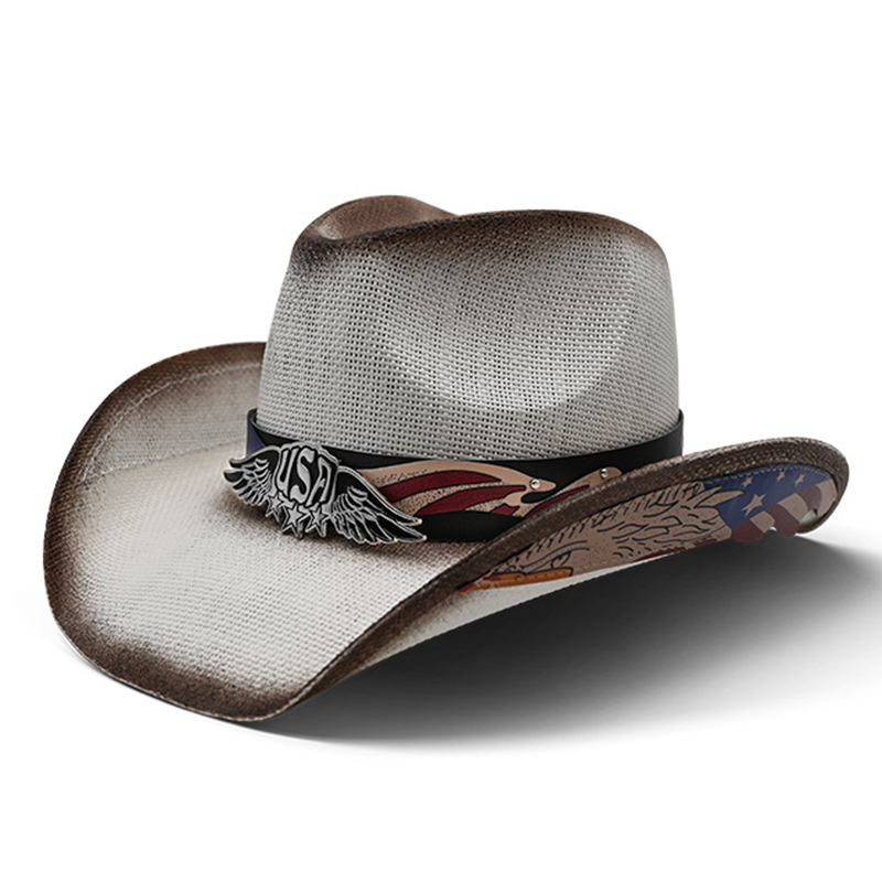 Retro USA Printing Leather Band Women Men Hard Straw Riding Wide Brim Outdoor Beach Cowboy Cowgirl Western Sun Hat Sunscreen 7bfc0