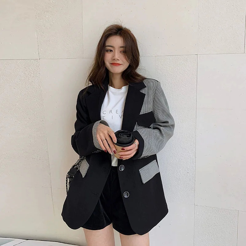 Fashion plain contrast jacket womens loose single chest set jacket with patchwork pockets and open collar jacket 241111