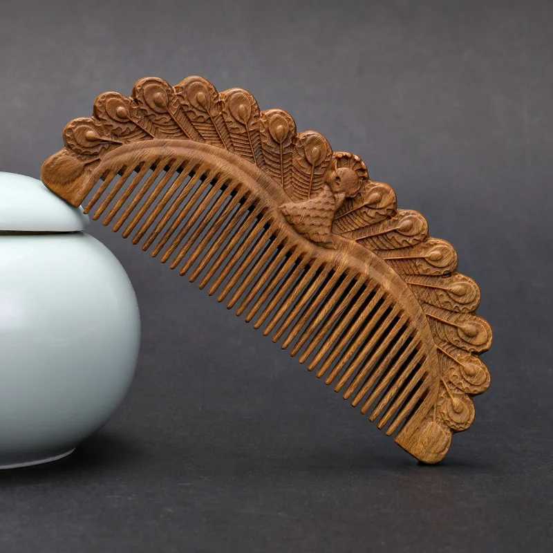 Handmade natural green sandalwood comb portable double-sided carved wooden comb anti-static head massage and hair care tool W241112