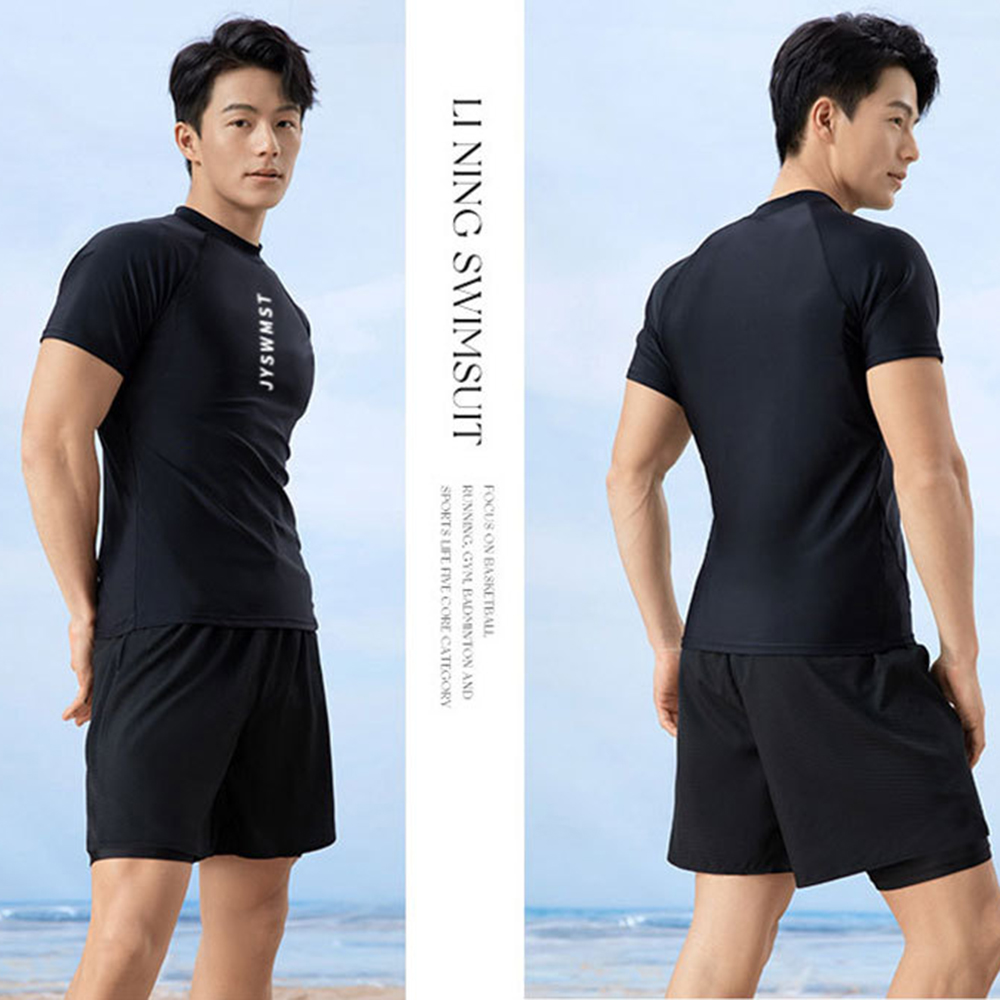 Men Swimsuit 2 Piece Set Shirt And Double Layer Shorts Rashguard Wetsuit Beach Surfing Board Sportswear Water Park Clothing 9b779