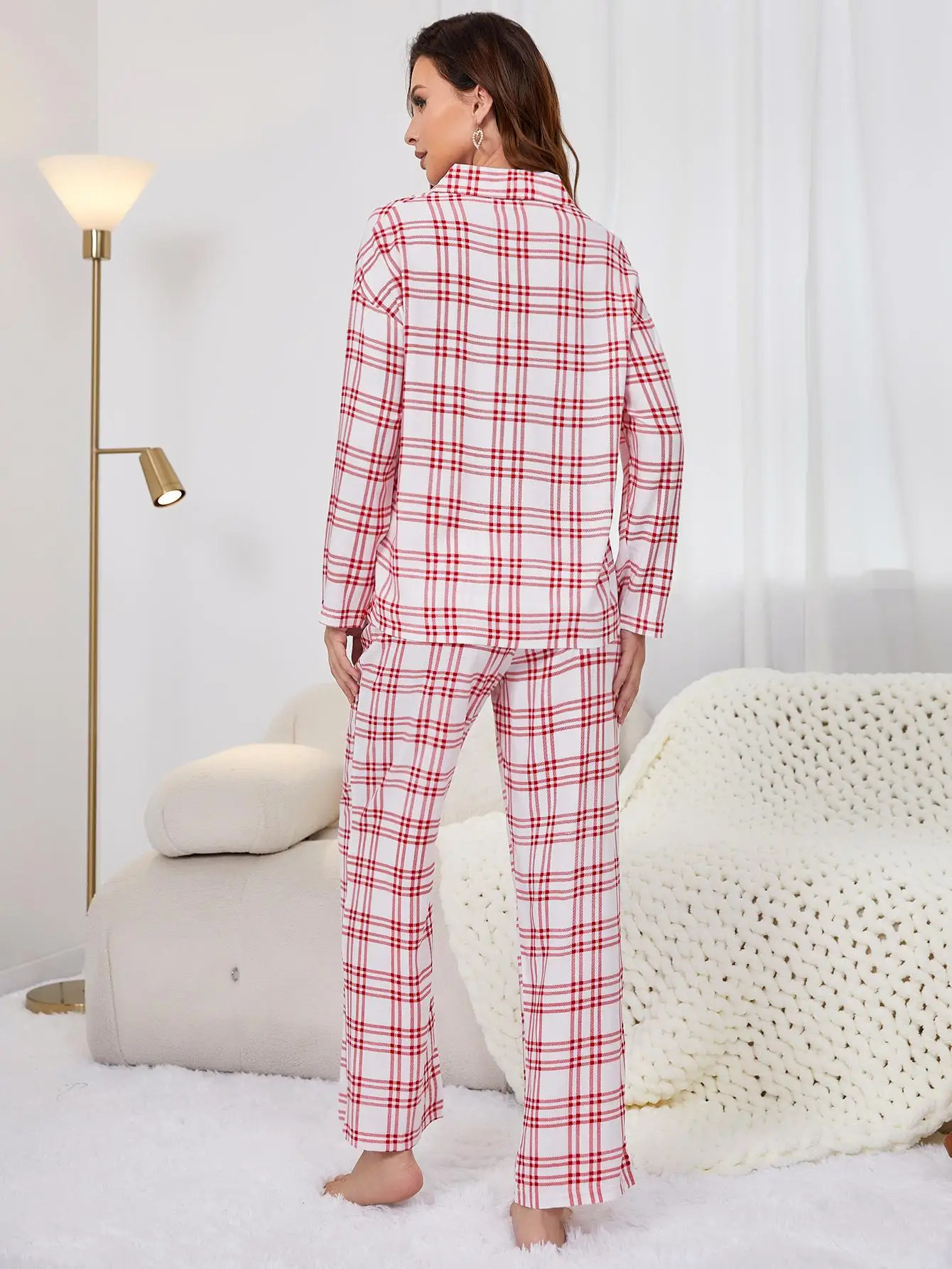 Red checkered womens sleepwear 2-piece sleepwear top and pants autumn and winter sleepwear HomeWear clothing front button with chest pocket 241112