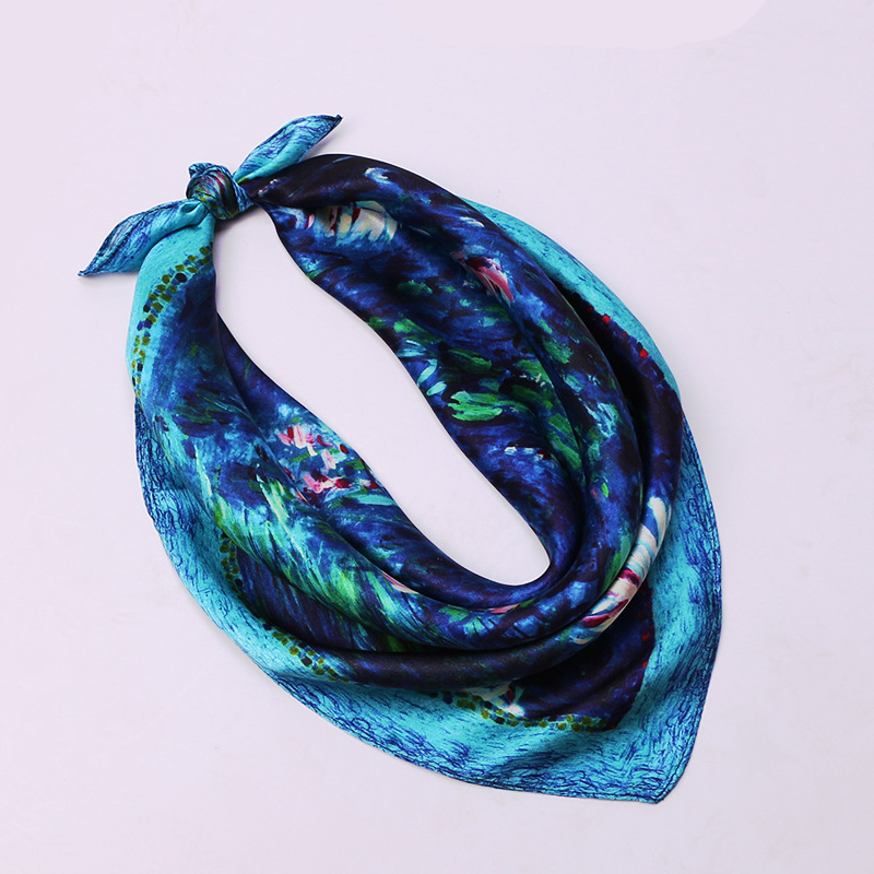 Brand 100% Natural Silk Women Scarf Claude Monet Oil Painting Water Lily Bandana Foulard Female Square Hair Scarves 53*53cm 9b804