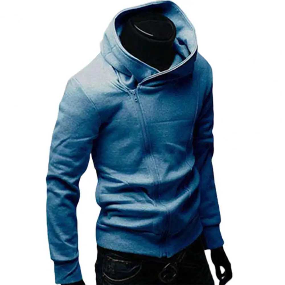 Autumn mens turtle neck sports shirt long sleeved diagonal zipper sports hooded jacket casual tracksuit mens hip-hop sports shirt top W2411111