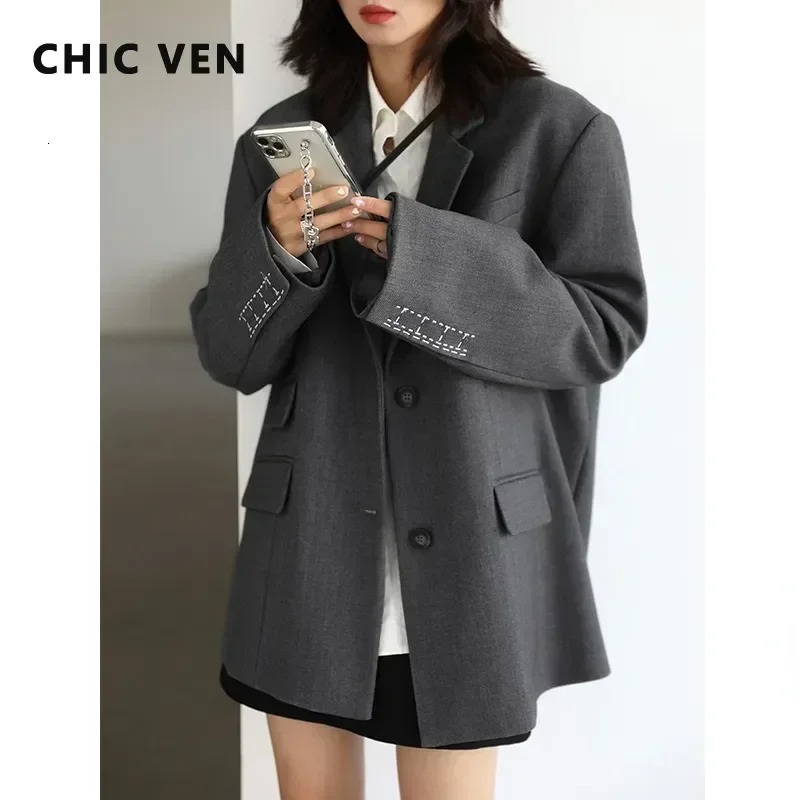 CHICVEN Womens Office Womens Jacket Cuffs Embroidered Wide Shoulder Twill Set Womens Autumn Womens Fashion Top 241111