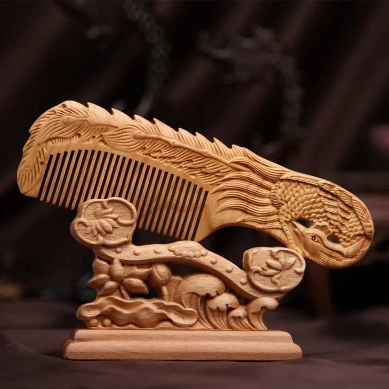 Massage hair comb handmade decoration carved patterns scalp health comb hollow outdoor portable girl gift natural peach wood comb W241112