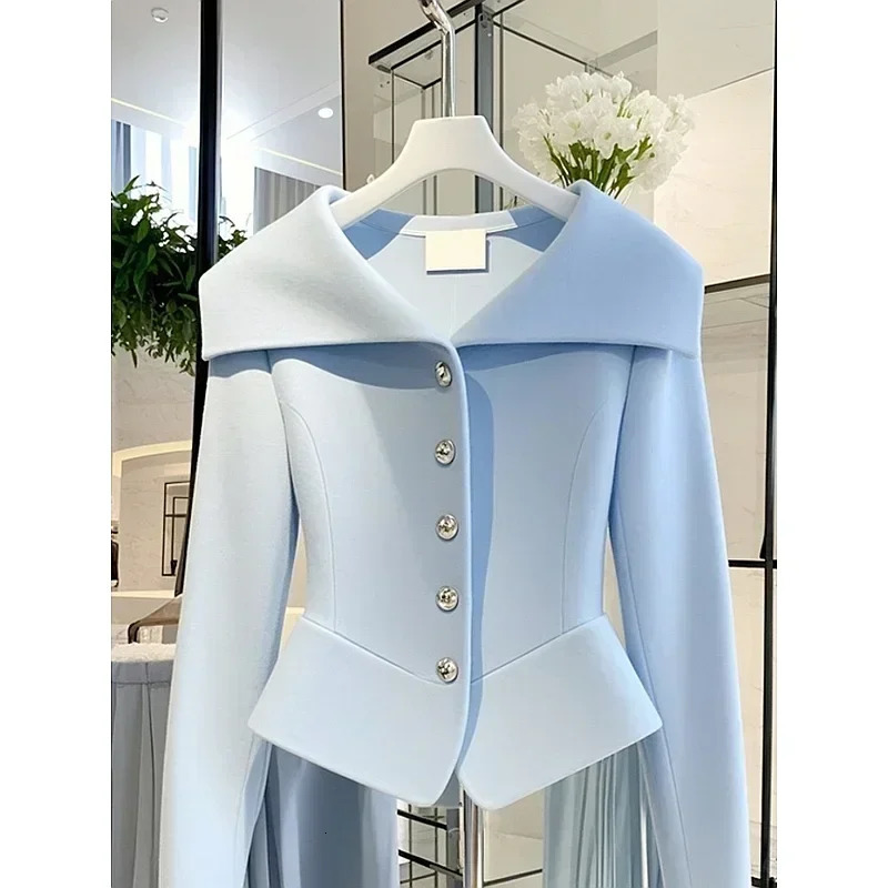 Autumn French Socialite Style Short Jacket Women Top Navy Collar High End Temperament Slim Fit Blazer Coat Clothing 241112