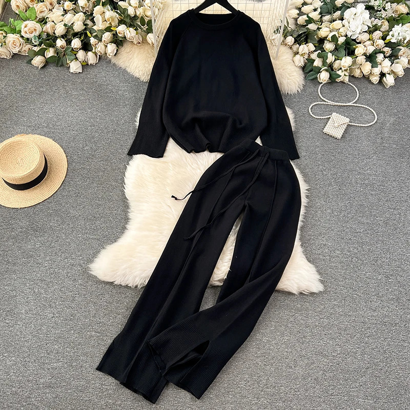 HELIAR Women Knitted Loose 2 Piece Sets Long Sleeve ONeck Sweater and Wide Leg Pants Outfit Casual Office Set Autumn Winter 241108
