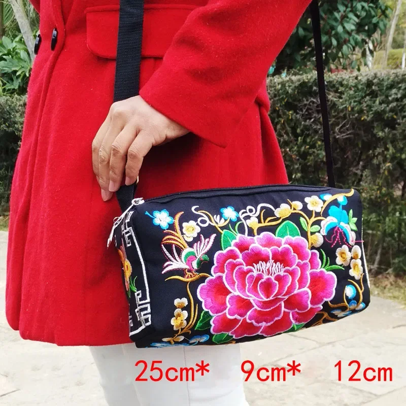 2024 New Ethnic Style Embroidery Bag Three Zipper Double Sided Women Shoulder Crossbody Bag Handbags for Women Bolso Mujer