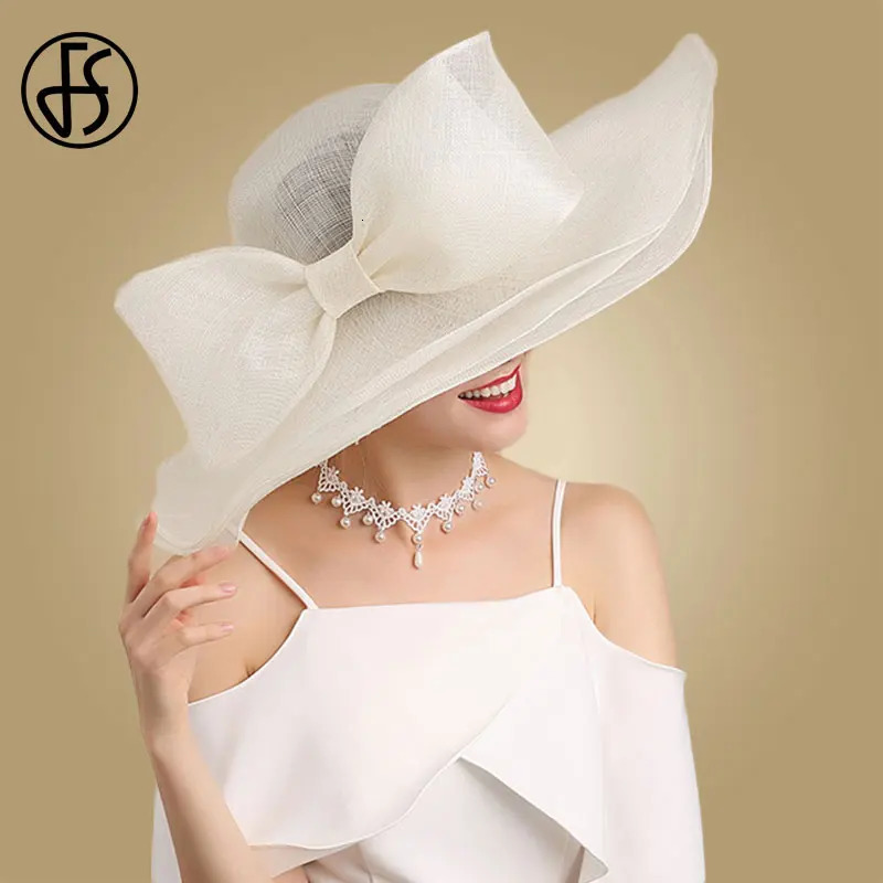 FS Elegant Black And White Fascinator Hats For Wedding Church Sinamay Hats With Big Bowknot Derby Hat Fedora Tea Party 240320