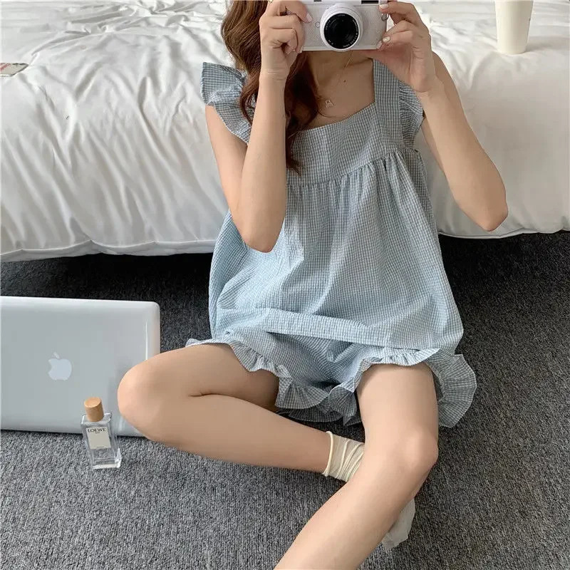 Plain sleepwear womens sleepwear shorts set long sleeved Korean Kawaii sleepwear ruffled summer home clothing set sleepwear evening gown 241112