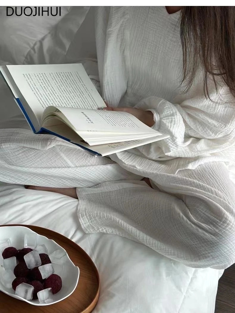 DUOJIHUI Korean solid color casual womens sleepwear basic long sleeved floral simple pants fashionable sleepwear set 241112