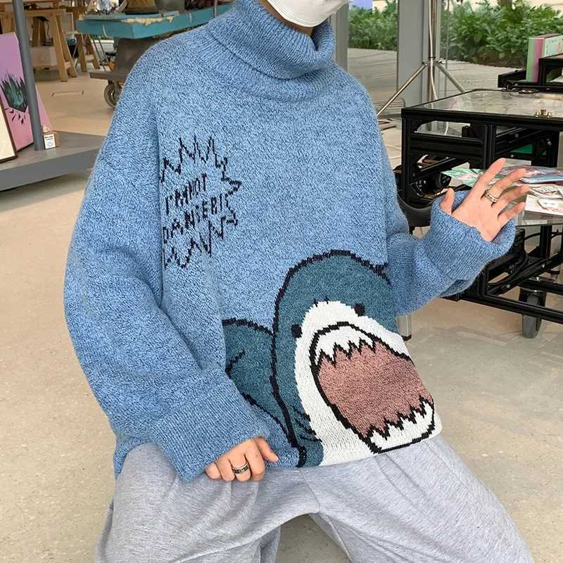 Mens turtle neck shark sweater mens winter patch or Harajuku Korean style high neck ultra-fine gray turtle neck W2411111