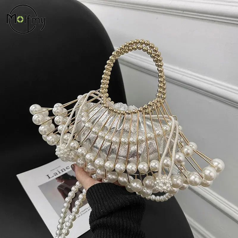 Evening Clutch For Women Shoulder Sier Pearl Advanced Party Wedding er Handbag Purse Hollow Crossbody Bag 241111