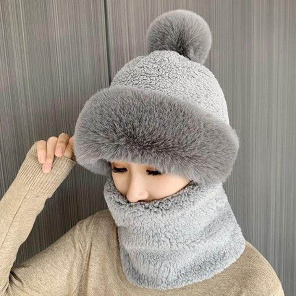 Beanie Elastic with Face-covering Windproof Winter Scarf Set Hooded Soft Plush Warmth Women Hat Outdoor Ski