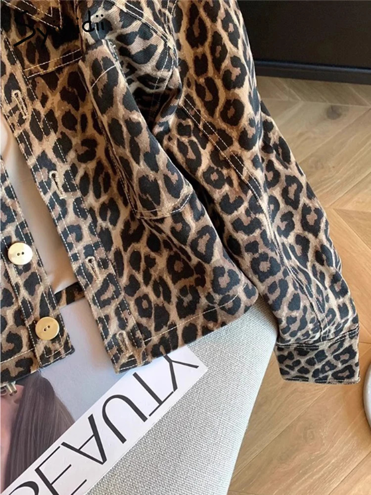Syiwidii Womens Leopard print Jacket Flip Collar Single Chest Casual Coat Autumn Fashion Long Sleeve Womens Jeans Jacket 241112