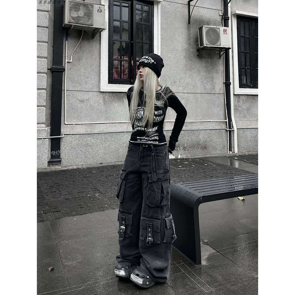 Women's Wide-Leg For Small People, Dark High Street Heavy-Duty Design, Washed Multi-Pocket Loose Straight Work Jeans