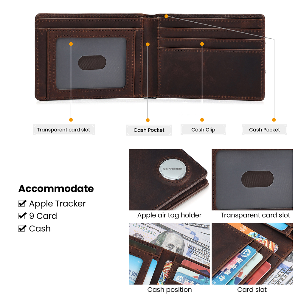 Crazy Horse Leather Men Wallet with Tracker Pocket Coin Purse Small Mini Card Holder RFID Male Wallet Air Tag Holder Cover Purse b6c61