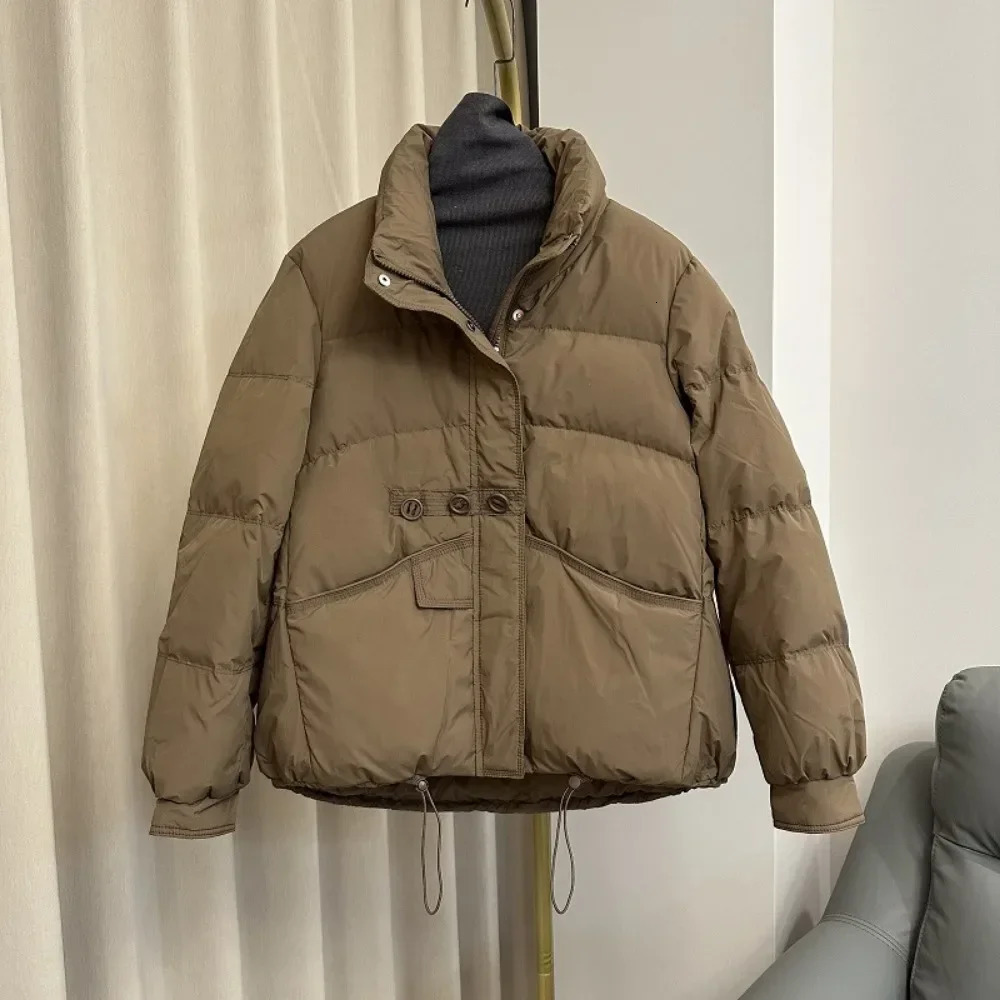 Winter Stand up Loose White Duck Down Jacket Womens Button Solid Color Warm Casual Puff Bread Coat 241112