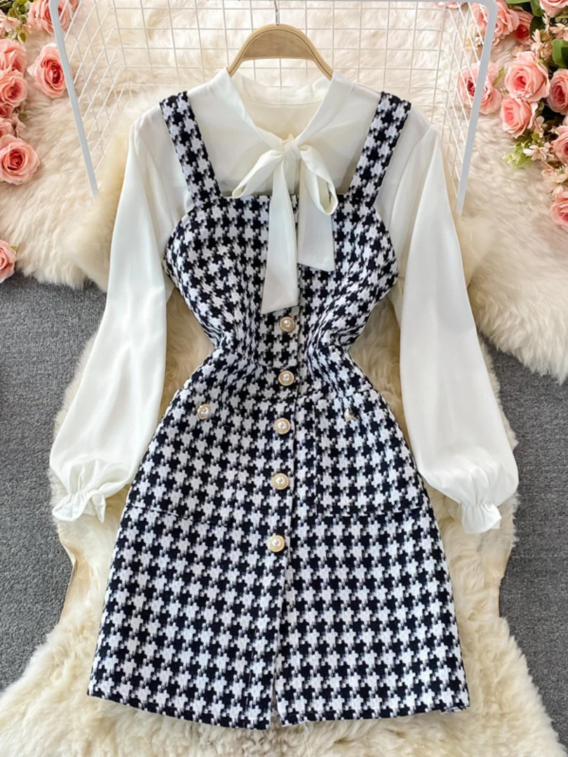 Womens two-piece set Korean fashion bow collar white shirt and spaghetti shoulder strap single chest mini tweed dress set 241112