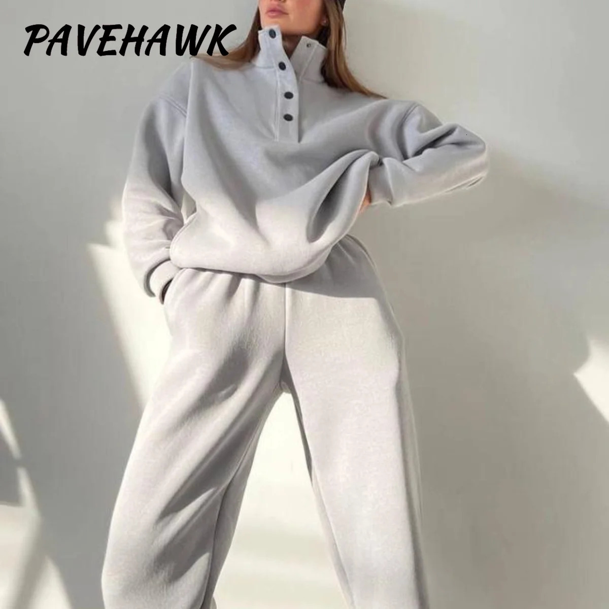 Women Elegant Solid Hoodies Sets Long Sleeve Stand Up Collar Loose Thick Button 2 Piece Set Casual Pullover Pant Suit 241111