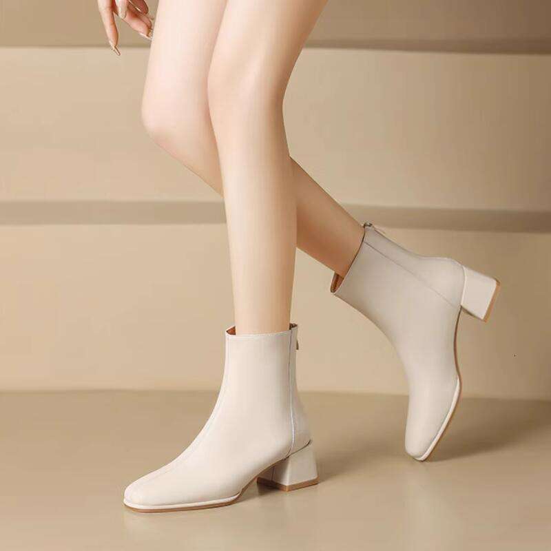 White Square Toe Botines Mujer Chunky High Heel Women Shoes Ladies Short Ankle Boots For Woman