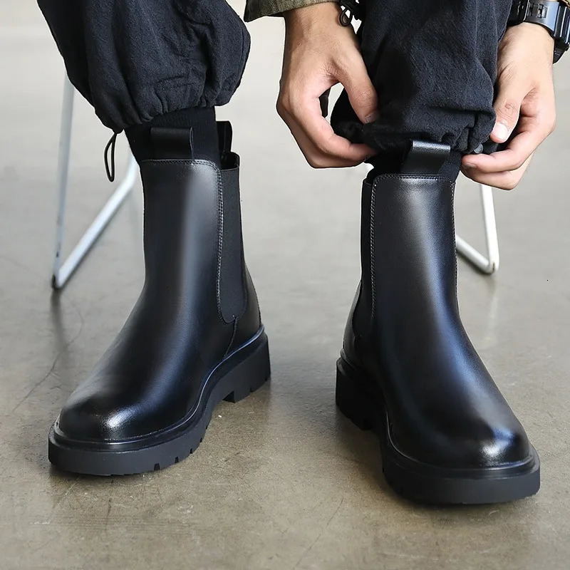 British Soft Leather Slip-on Mens Chelsea Boots Soft-soled Autumn Winter er Shoe Fashion Black Casual Ankle Boots Men 241112