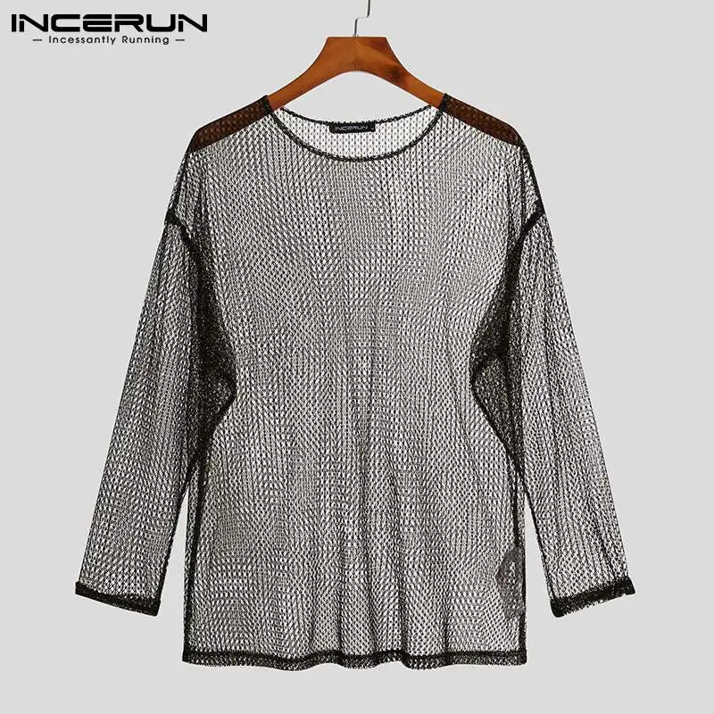mens T-shirt O-neck mesh See Through long sleeved sexy streetwear casual Camisetas party nightclub T-shirt top mens S-5XL INCERUN 241112