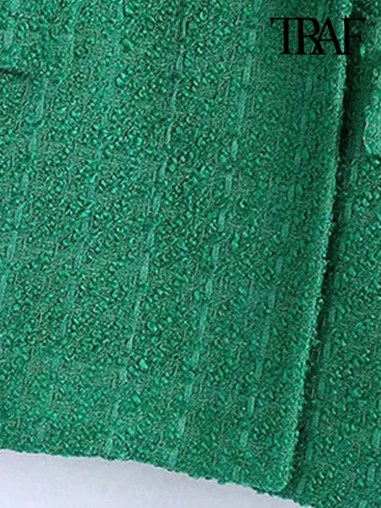 TRAF Womens Fashion Double Chest Coarse Floral Green Jacket Retro Long Sleeve Flip Pocket Womens Coat 241111