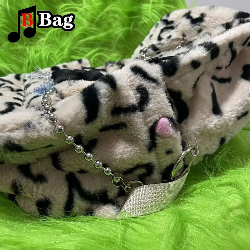 Y2K womens cute fur shoulder bag backpack Harajuku retro leopard print shoulder bag Lolita student handbag 241111