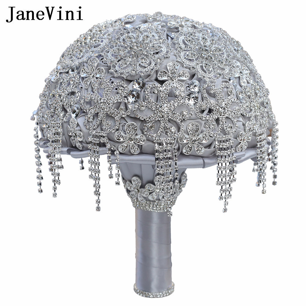 JaneVini Bling Bling Silver Jewelry Brides Wedding Bouquet Satin Flower Beaded Crystal Bruidsboeket Wedding Bridal Hand Bouquets