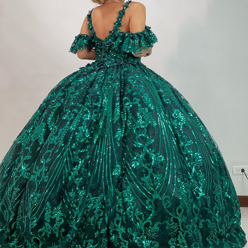 Emerald Green Shiny Quinceanera Dress Princess Lace Beads Crystal Corset Sweet 16 Girl Party Prom Gown Vestidos De 15 Anos
